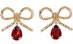 Pendientes largos de metal dorado con lazo con piedra color Rubi